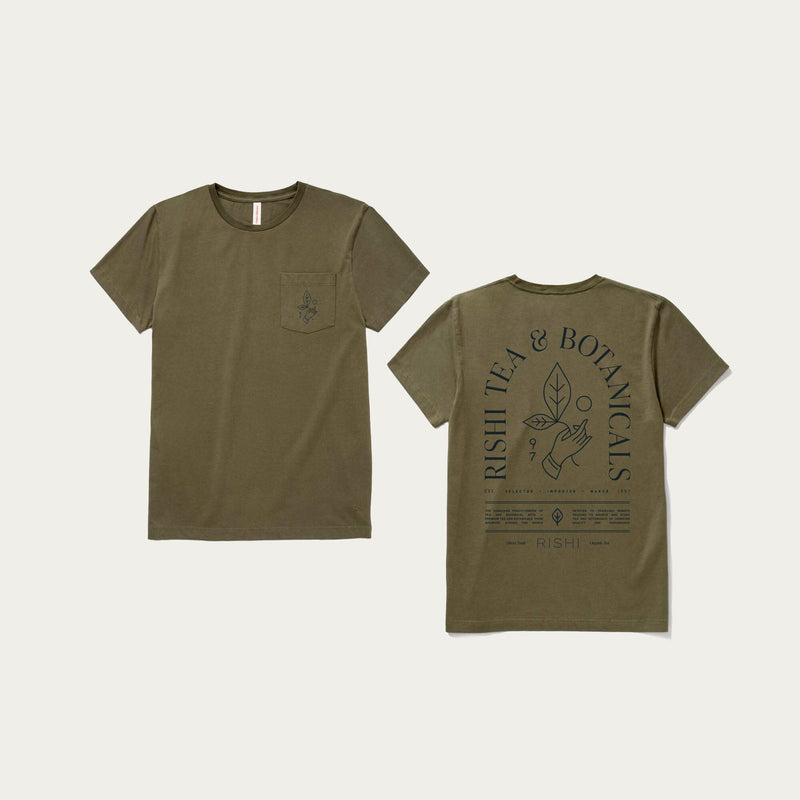 Two Rishi Weekend T-Shirts in olive green, made from organic cotton. One shirt is shown from the front, featuring a small chest logo, while the other is shown from the back with a large 