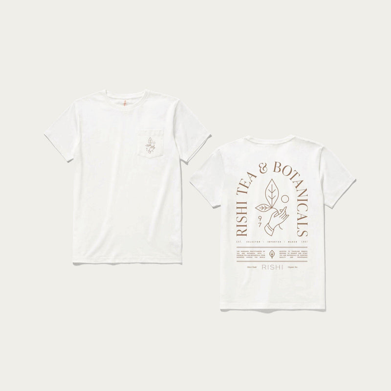 Two white Rishi Weekend T-Shirts from Rishi Tea & Botanicals, made from organic cotton with brown graphics. One t-shirt features a small pocket design on the front, while the other showcases larger text and an illustration of a hand holding leaves on the back. Both tees are unisex and boast Fair Trade certification.